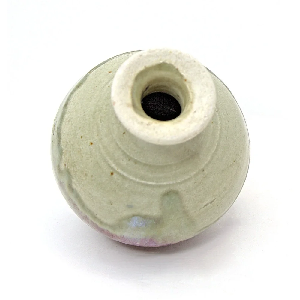 Unique Ceramic Art Pottery Vase Tilted 3 Ring Stand Handmade Red Beige Green